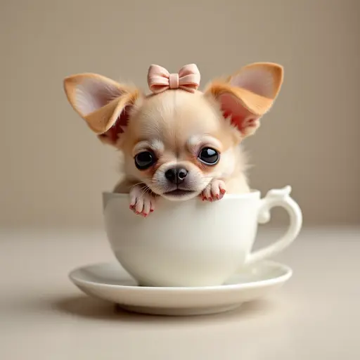 A tiny Chihuahua cuddled in a teacup, with a tiny bow on its head and a playful expression.