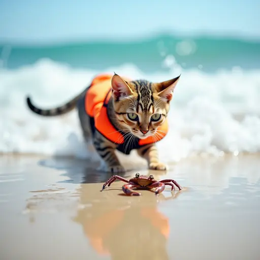 A playful Bengal cat wearing a tiny life jacket, splashing in the shallow surf while chasing after crabs on a sunny beach day, with bright blue waves crashing.