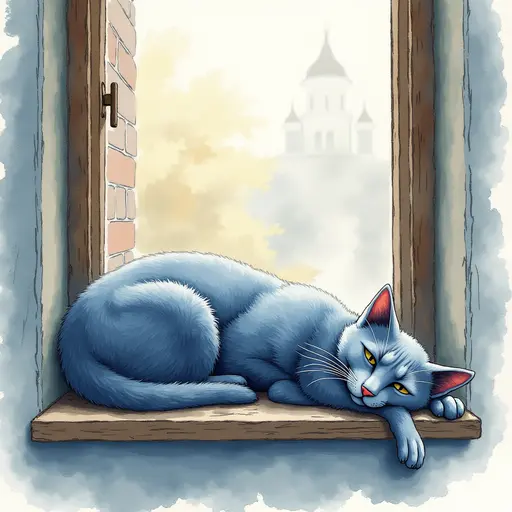 Russian Blue, Lie on the windowsill of the café, painting in watercolors