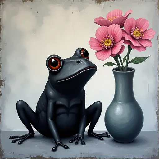 Abstract textured painting of a black Frog sitting next to a vase with pink flowers, in the style of Ann Froud and Paulina P., against a gray background.