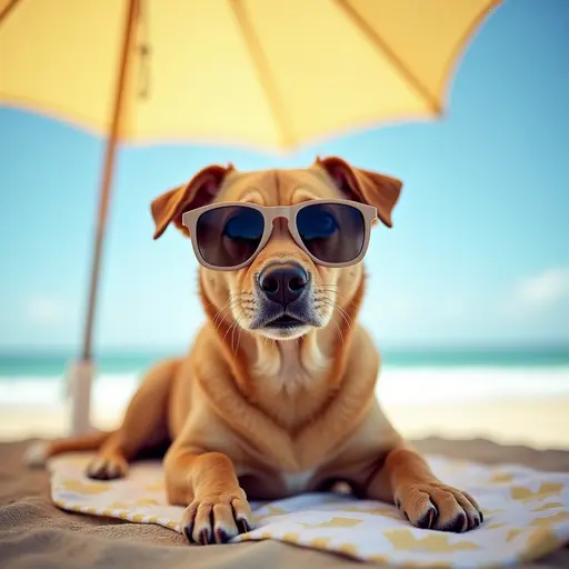 A dog wearing oversized sunglasses, lounging on a beach towel under an umbrella on a sunny beach day.