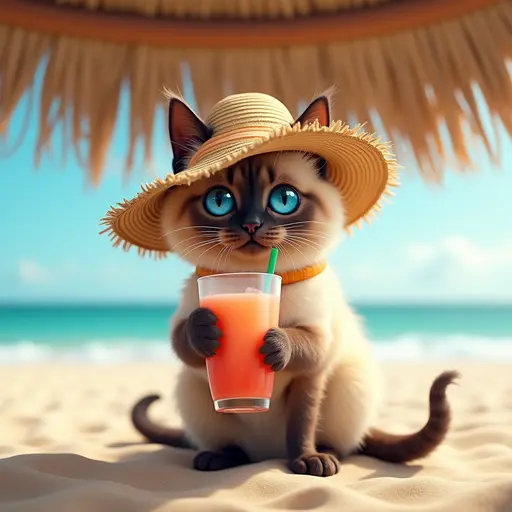 A Burmese cat in a beach hat, sitting under a tiki hut while enjoying a tropical smoothie on a sunny beach afternoon