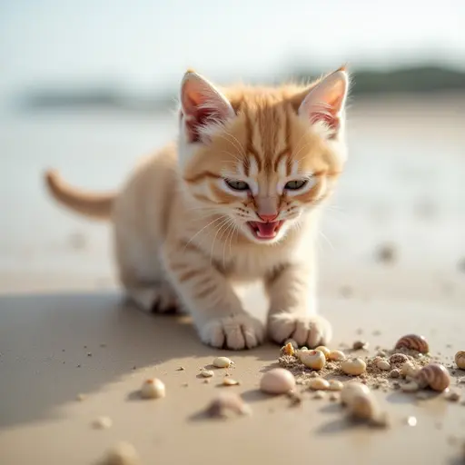 On the beach, a kitten is digging in the sand, occasionally picking up small shells with its paws, its face full of curiosity and joy.