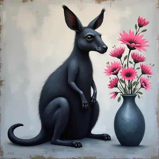 Abstract textured painting of a black Wallaby sitting next to a vase with pink flowers, in the style of Ann Froud and Paulina P., against a gray background.