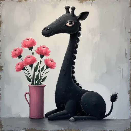 Abstract textured painting of a black Giraffe sitting next to a vase with pink flowers, in the style of Ann Froud and Paulina P., against a gray background.