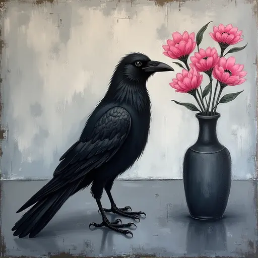 Abstract textured painting of a black Crow sitting next to a vase with pink flowers, in the style of Ann Froud and Paulina P., against a gray background.