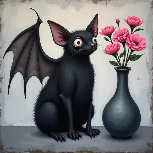 Abstract textured painting of a black Bat sitting next to a vase with pink flowers, in the style of Ann Froud and Paulina P., against a gray background.