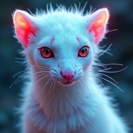 a hyper realistic image in 4K of albino Weasel that looks wears a second skin made of liquid metal shiney glass on her face that shines in neon transparent like glue, similar to an instagram filter