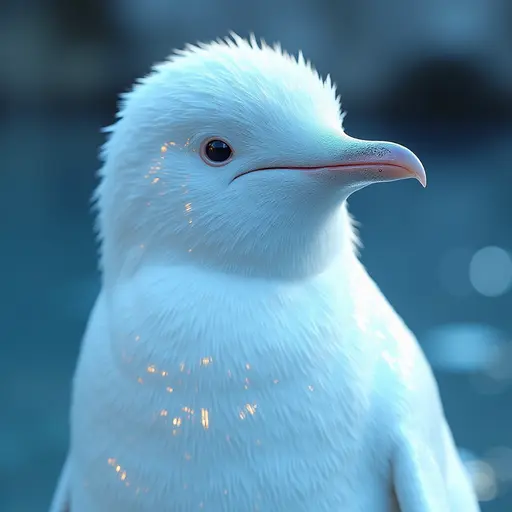 a hyper realistic image in 4K of albino Penguin that looks wears a second skin made of liquid metal shiney glass on her face that shines in neon transparent like glue, similar to an instagram filter