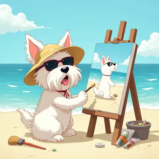 A dog(West Highland White Terrier) in a sun hat and sunglasses, painting a canvas of the beach scene, with easels and art supplies scattered around, in the style of Miyazaki.