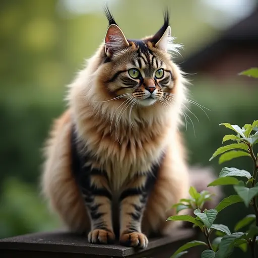 A fluffy Norwegian Forest cat perched high up, with its thick fur flowing in the wind, looking majestically down at the garden with wise, green eyes.