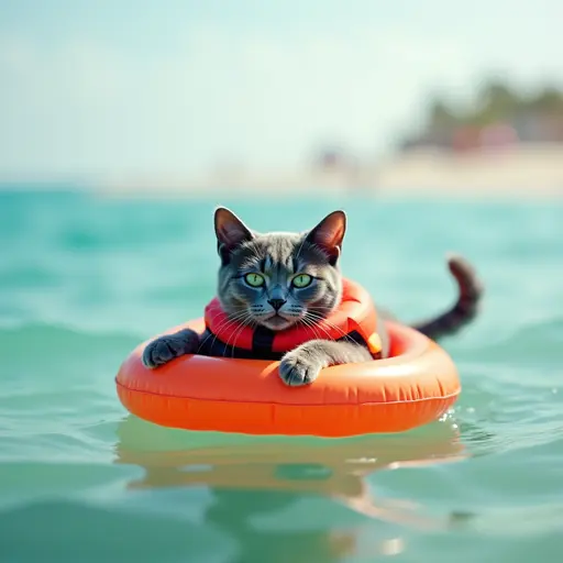 A Chartreux cat wearing a tiny life jacket, floating on a pool float in the ocean, enjoying the warm sun on a summer beach day