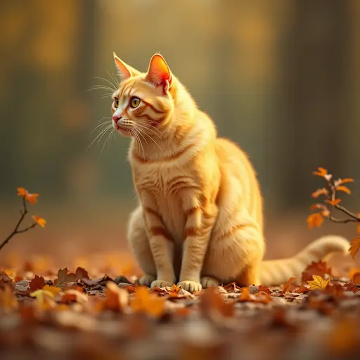 In a patch of autumn leaves, a yellow cat sits quietly, its gaze focused on the surroundings, as if pondering the mysteries of the world.