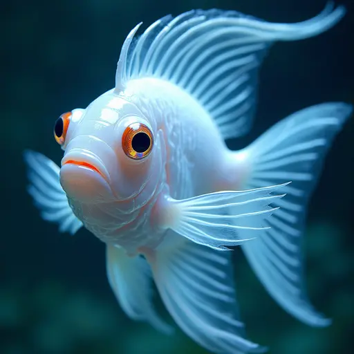 a hyper realistic image in 4K of albino Angelfish that looks wears a second skin made of liquid metal shiney glass on her face that shines in neon transparent like glue, similar to an instagram filter