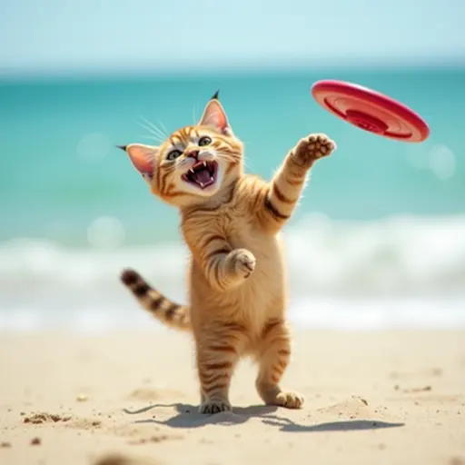 An adventurous Abyssinian cat, energetically playing with a frisbee on the sand, with its fur glistening in the sunlight and a backdrop of azure ocean.