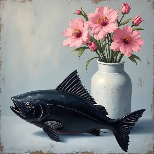 Abstract textured painting of a black Salmon sitting next to a vase with pink flowers, in the style of Ann Froud and Paulina P., against a gray background.