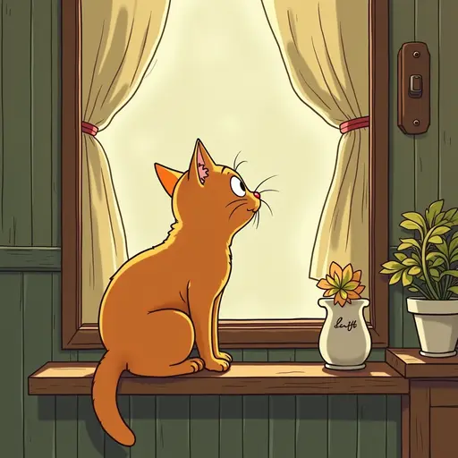 orange cat Lie on the windowsill of the café, detailed, hd, in a style cartoon similar to Hayao Miyazaki