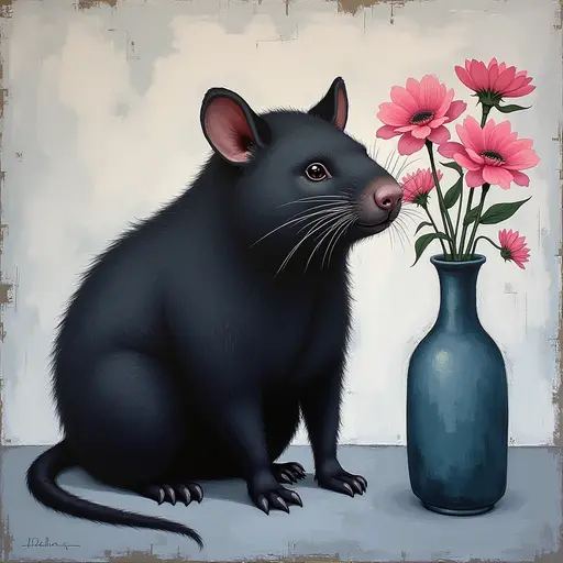 Abstract textured painting of a black Wombat sitting next to a vase with pink flowers, in the style of Ann Froud and Paulina P., against a gray background.