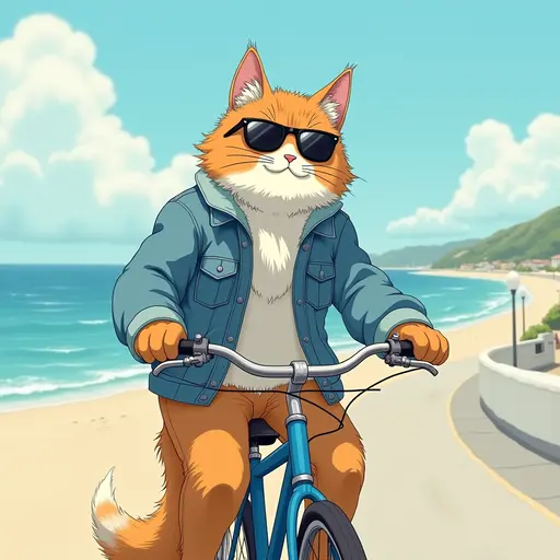 A cat(Norwegian Forest Cat) wearing a denim jacket and sunglasses, riding a bicycle along the beach promenade, with the ocean breeze blowing, in the style of Miyazaki