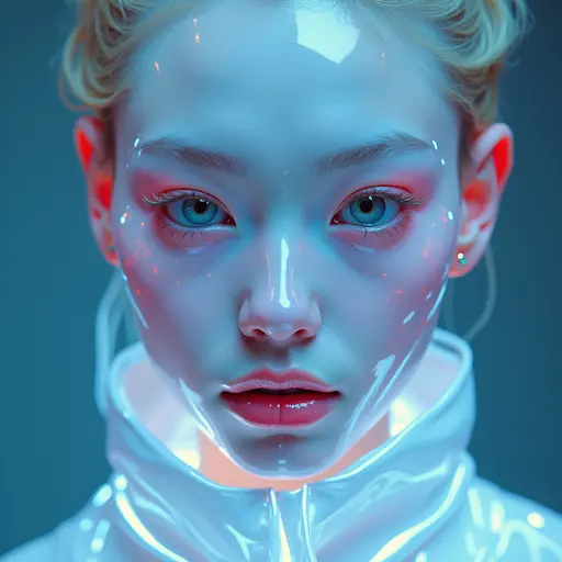 a hyper realistic image in 4K of albino Mole that looks wears a second skin made of liquid metal shiney glass on her face that shines in neon transparent like glue, similar to an instagram filter