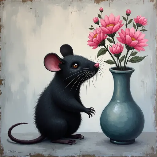 Abstract textured painting of a black Mouse sitting next to a vase with pink flowers, in the style of Ann Froud and Paulina P., against a gray background.