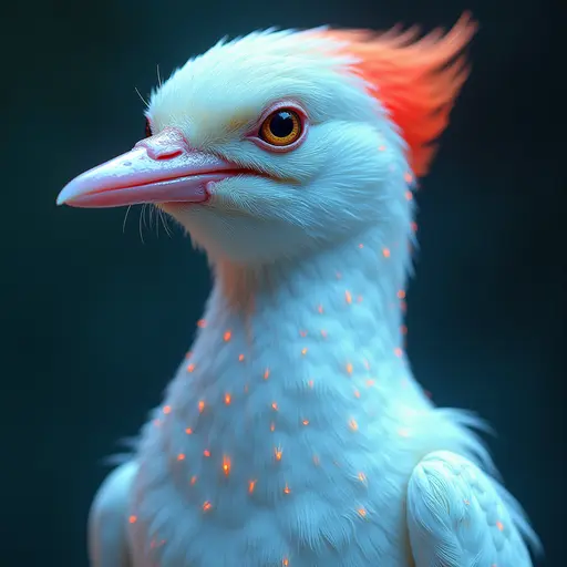 a hyper realistic image in 4K of albino Woodpecker that looks wears a second skin made of liquid metal shiney glass on her face that shines in neon transparent like glue, similar to an instagram filter