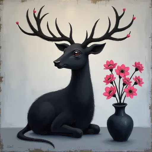 Abstract textured painting of a black Deer sitting next to a vase with pink flowers, in the style of Ann Froud and Paulina P., against a gray background.