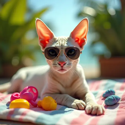 A regal Cornish Rex cat wearing tiny aviator sunglasses, relaxing on a beach towel, surrounded by tropical plants and colorful beach toys.