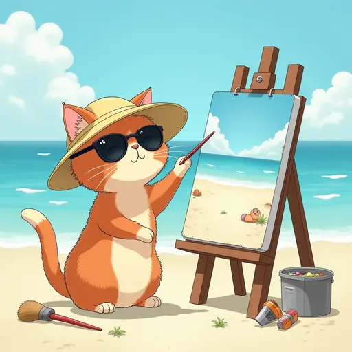 A cat(British Shorthair) in a sun hat and sunglasses, painting a canvas of the beach scene, with easels and art supplies scattered around, in the style of Miyazaki.