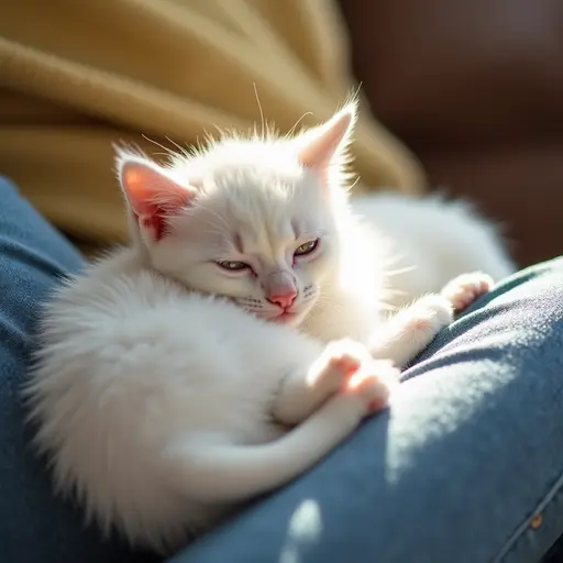 A white kitten is curled up on its owner's lap, basking in the sunlight, breathing steadily, looking particularly quiet and adorable.