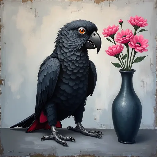 Abstract textured painting of a black Parrot sitting next to a vase with pink flowers, in the style of Ann Froud and Paulina P., against a gray background.