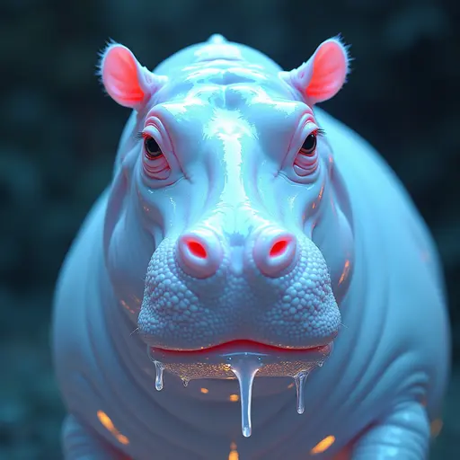 a hyper realistic image in 4K of albino Hippopotamus that looks wears a second skin made of liquid metal shiney glass on her face that shines in neon transparent like glue, similar to an instagram filter