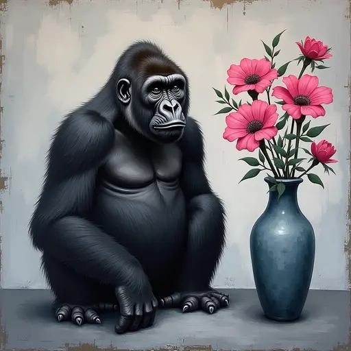 Abstract textured painting of a black Gorilla sitting next to a vase with pink flowers, in the style of Ann Froud and Paulina P., against a gray background.