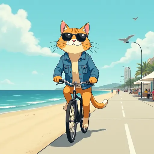 A cat(Abyssinian Cat) wearing a denim jacket and sunglasses, riding a bicycle along the beach promenade, with the ocean breeze blowing, in the style of Miyazaki