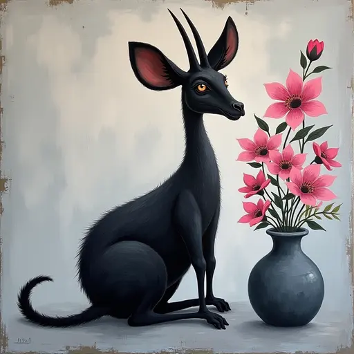 Abstract textured painting of a black Okapi sitting next to a vase with pink flowers, in the style of Ann Froud and Paulina P., against a gray background.