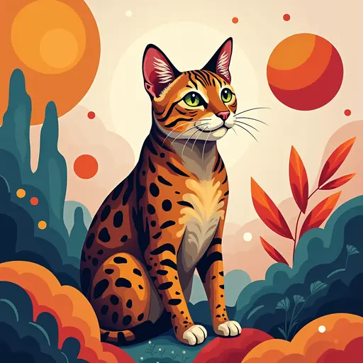 A cat(Bengal cat) in a modern abstract art background, surrounded by colorful geometric shapes