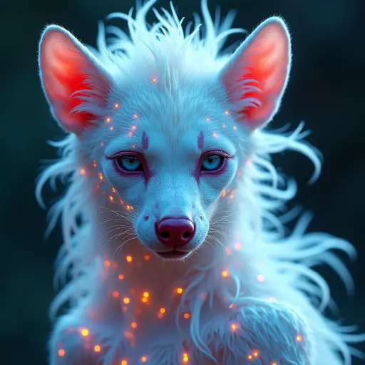 a hyper realistic image in 4K of albino Hyena that looks wears a second skin made of liquid metal shiney glass on her face that shines in neon transparent like glue, similar to an instagram filter