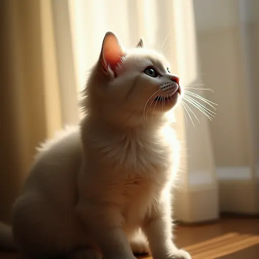 An adorable British Shorthair cat in profile, with sunlight streaming through the curtains, its fur shimmering in the light, and a playful demeanor.