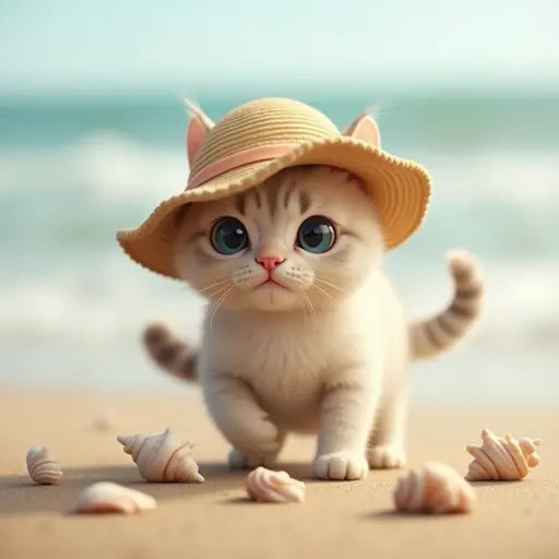 A charming British Shorthair cat wearing a tiny sun hat, exploring the beach while collecting seashells and enjoying the warm sun.