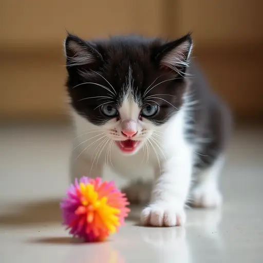 A black-and-white kitten is excitedly chasing a colorful pom-pom, playfully batting at it with its little paws, beads of sweat forming on its forehead, looking both adorable and mischievous.