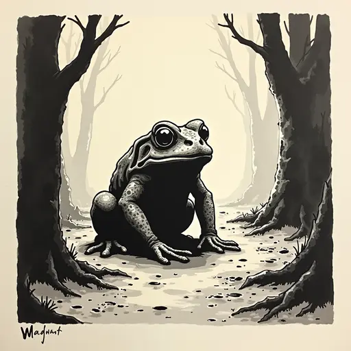 Minimalist ink, survival horror, prowling Toad