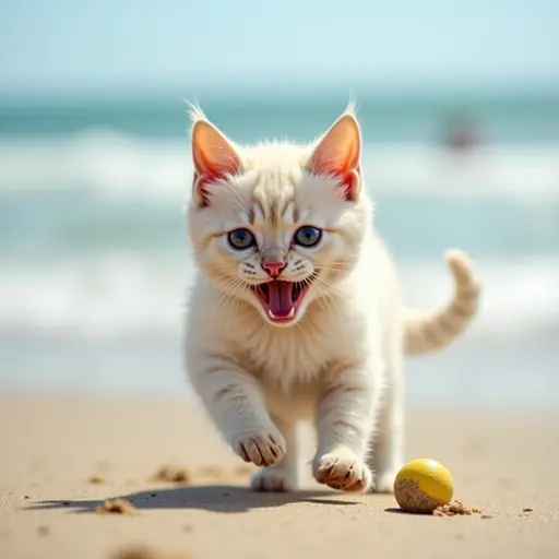 A playful Devon Rex cat with a beach ball, chasing it down the sandy shore, its short fur ruffled by the ocean breeze on a sunny beach day.