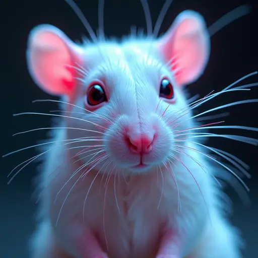 a hyper realistic image in 4K of albino Rat that looks wears a second skin made of liquid metal shiney glass on her face that shines in neon transparent like glue, similar to an instagram filter