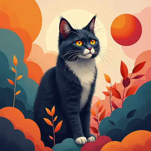 A cat(Maine Coon) in a modern abstract art background, surrounded by colorful geometric shapes