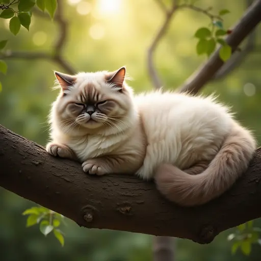 A fluffy British Shorthair cat, plump and content, lounging on a thick branch, eyes half-closed, enjoying the warmth of the sun filtering through the leaves.