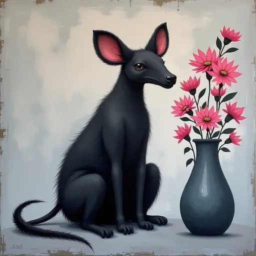 Abstract textured painting of a black Aardvark sitting next to a vase with pink flowers, in the style of Ann Froud and Paulina P., against a gray background.