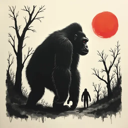 Minimalist ink, survival horror, prowling Gorilla