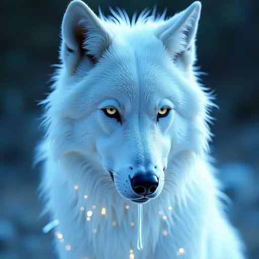 a hyper realistic image in 4K of albino Wolf that looks wears a second skin made of liquid metal shiney glass on her face that shines in neon transparent like glue, similar to an instagram filter