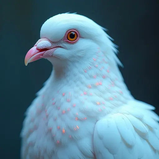 a hyper realistic image in 4K of albino Pigeon that looks wears a second skin made of liquid metal shiney glass on her face that shines in neon transparent like glue, similar to an instagram filter