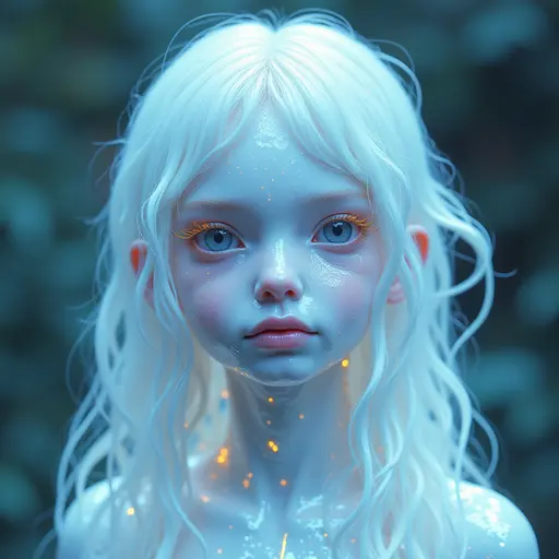 a hyper realistic image in 4K of albino Kiwi that looks wears a second skin made of liquid metal shiney glass on her face that shines in neon transparent like glue, similar to an instagram filter